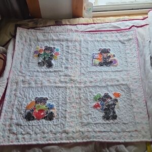 Colorful Cross Stitchef Bear Patterned Nursey Blanket, Changing Pad. 30 X 30